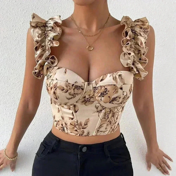 Apricot Boho Women's Floral Print Lace Up Backless Bustier Crop Wide Strap Top - Picture 1 of 6